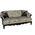 Two Seater Sofa with Patterned Fabric Upholstery Black Cushions Dark Wooden Arms and Curved Legs
