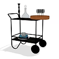 Elegant Dinnerware Set on Black Serving Trolley with Wine Glasses Decanter and Tray