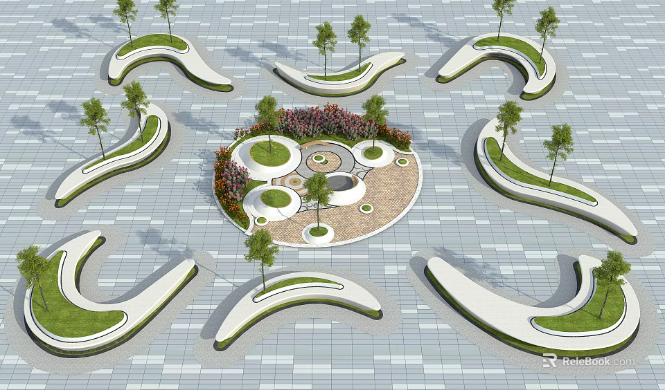 Curved Tree Planters With Green Lawns And Circular Central Area In Paved Outdoor Space 3d model 