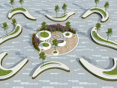 Curved Tree Planters With Green Lawns And Circular Central Area In Paved Outdoor Space 3d model