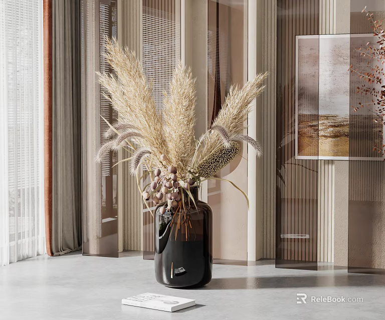Black Vase With Dried Pampas Grass Reed And Bunny Tails In Modern Interior Room 3d model 