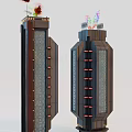 Two Tall Futuristic Tower Structures Featuring Geometric Patterns And Red Vertical Accents