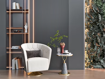White Single Sofa With Gold Base And Round Side Table Near Green Plant Wall 3d model