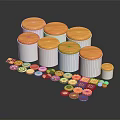 Decorative Ornament Set With White Wooden Lid Canisters And Colorful Small Decorative Pieces