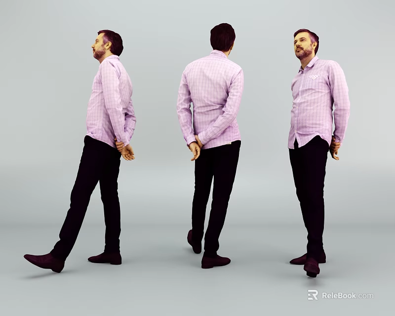 Man in Pink Checkered Shirt and Black Pants Three Different Standing Poses on Gray Background 3d model 
