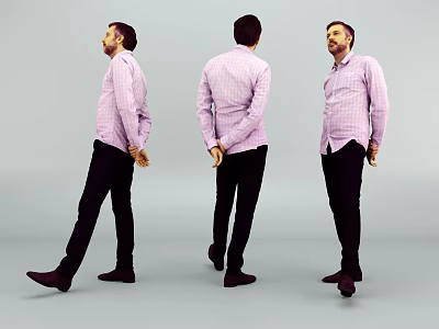 Man in Pink Checkered Shirt and Black Pants Three Different Standing Poses on Gray Background 3d model