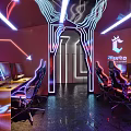 Modern Esports Gaming Cafe With Neon Lights High End Computers And Gaming Chairs