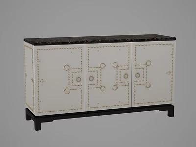 White Sideboard With Three Doors Geometric Patterns Rivet Details Dark Countertop And Black Legs 3d model