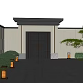Modern Courtyard Garden With Stone Patio Hanging Chair Lanterns Green Plants And Outdoor Furniture