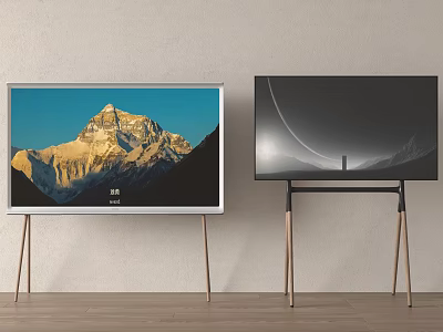 Two Televisions Showing Mountain And Moon Scenes On Wooden Stands With Light Wall 3d model