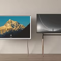 Two Televisions Showing Mountain And Moon Scenes On Wooden Stands With Light Wall