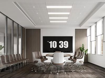 Modern Conference Room Interior Design With Digital Clock Display Conference Table Chairs And Ceiling Lights 3d model