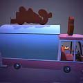 Pink And Blue Candy Food Truck With Sign Various Candies Tables Chairs And Chalkboard Menu
