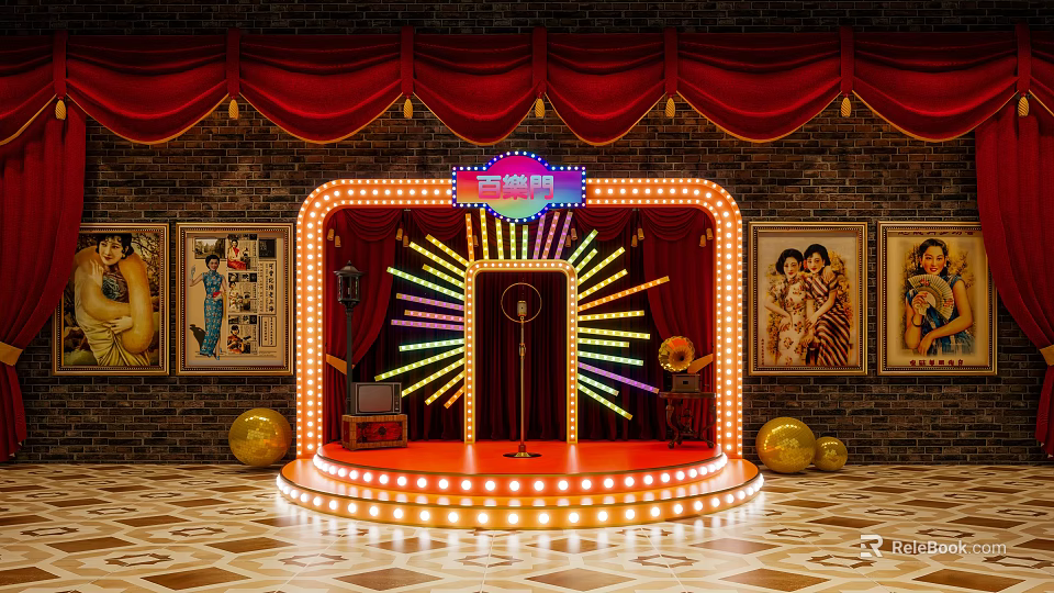 Vintage Stage with Red Curtains Brick Wall Neon Sign Microphone and Colorful Radial Lights 3d model 