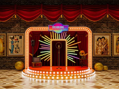 Vintage Stage with Red Curtains Brick Wall Neon Sign Microphone and Colorful Radial Lights 3d model