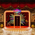 Vintage Stage with Red Curtains Brick Wall Neon Sign Microphone and Colorful Radial Lights