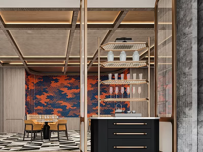 Modern Restaurant Interior With Orange Blue Wall Decor Metal Frame Partition And Black Cabinetry 3d model