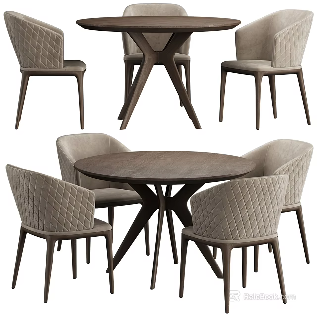 Round Wooden Dining Table Set With Cross Legs And Light Gray Diamond Stitch Fabric Chairs 3d model 
