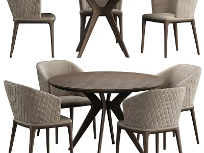 Round Wooden Dining Table Set With Cross Legs And Light Gray Diamond Stitch Fabric Chairs 3d model