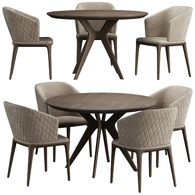 Round Wooden Dining Table Set With Cross Legs And Light Gray Diamond Stitch Fabric Chairs 3d model