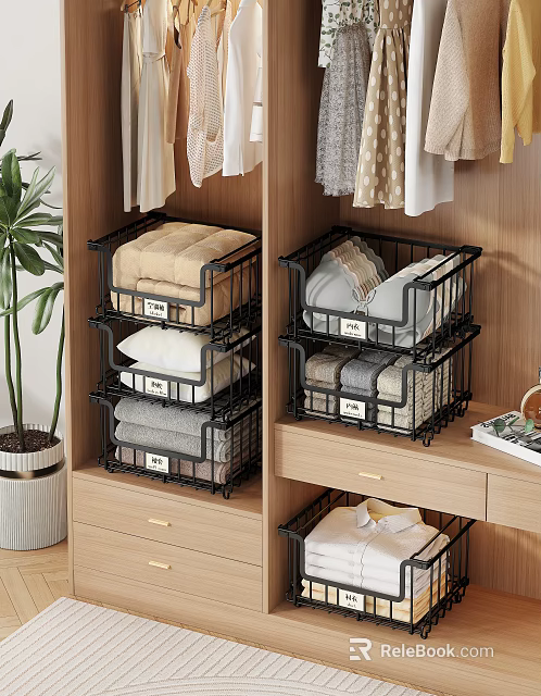 Wooden Wardrobe With Stackable Metal Baskets For Quilts Pillows Towels And Folded Clothes In Drawers 3d model 