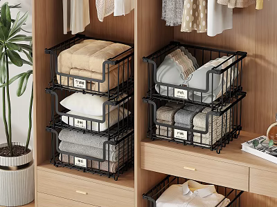 Wooden Wardrobe With Stackable Metal Baskets For Quilts Pillows Towels And Folded Clothes In Drawers 3d model