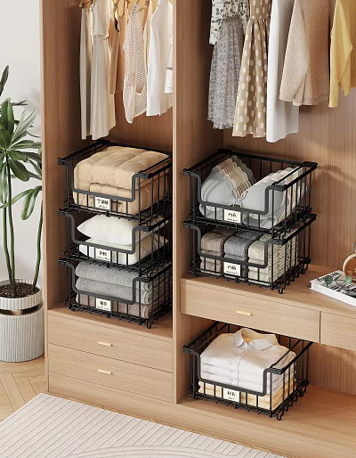 Wooden Wardrobe With Stackable Metal Baskets For Quilts Pillows Towels And Folded Clothes In Drawers 3d model