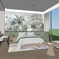 Hotel Room Interior with Tropical Leaves Mural King Bed City View Sofa and Desk