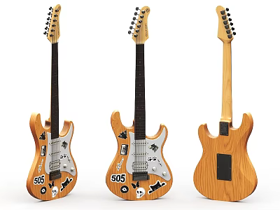 Artistic Electric Guitars with Wooden Body and Decorative Paintings in Different Angles 3d model