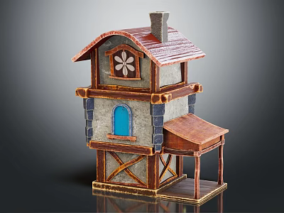 Cartoon Style Two Story House With Red Roof Blue Window Chimney And Stone Walls 3d model