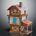 Cartoon Style Two Story House With Red Roof Blue Window Chimney And Stone Walls