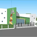 Modern Green and Yellow School Building With Geometric Design Large Windows and Children Playing Outside