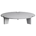 Round Dark Wood Coffee Table With Sturdy Angular Legs And Brass Accents