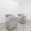 Stainless Steel Mobile Commercial Kitchen Appliances In White Room With Gray Tiled Floor