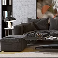 Modern Dark Gray Sofa and Coffee Table Combination With Abstract Painting Bookshelves and Floor Lamp