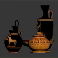 Ancient Greek Pottery Collection With Black Red Figural Designs And Vases Bowls Jars