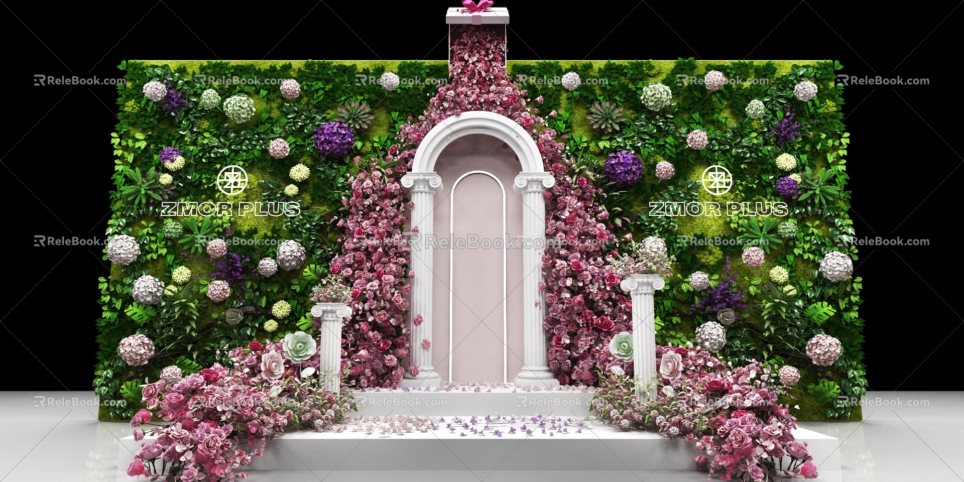 Flower wall plant wall birthday beauty Chen festival scene net red photo clock point pink live Roman column gift wall fashion atmosphere 3d model