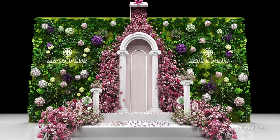 Romantic Photo Spot With Flower Wall Archway White Pillars And Pink Purple Blooms 3d model 