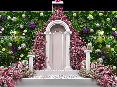 Romantic Photo Spot With Flower Wall Archway White Pillars And Pink Purple Blooms 3d model