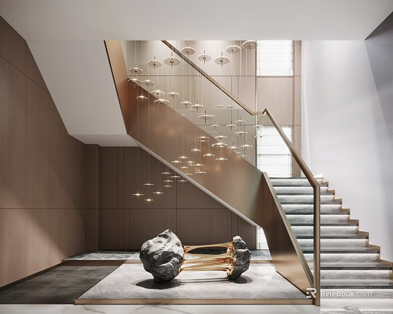 Modern Luxury Staircase With Glass Railing Brass Handrail And Hanging Pendant Lights 3d model 