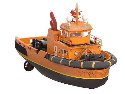 Orange Tugboat with Rubber Fenders Wheelhouse and Marine Radar Equipment 3d model