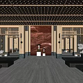 Elegant Chinese Style Hotel Lobby With Landscape Painting Wooden Structures And Marble Floor