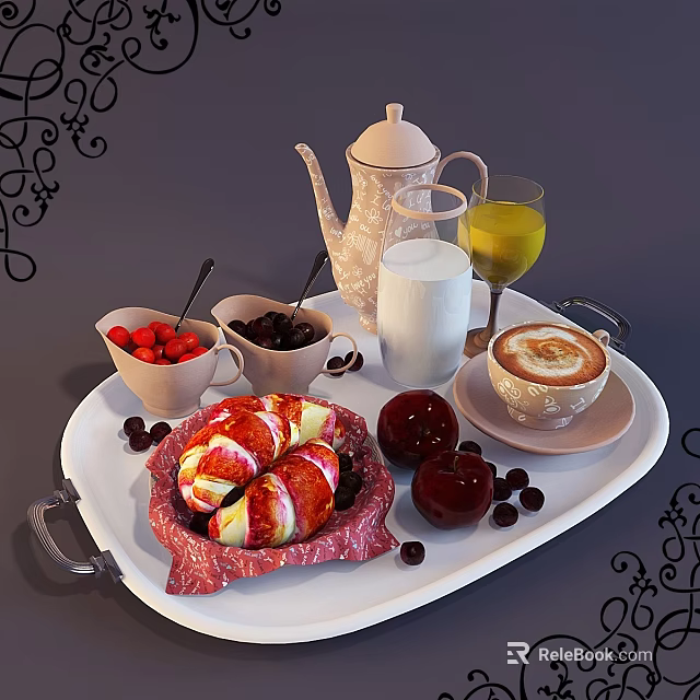 Delicious Breakfast Tray With Croissant Berries Milk Coffee And Apples 3d model 