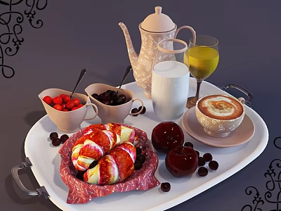 Delicious Breakfast Tray With Croissant Berries Milk Coffee And Apples 3d model