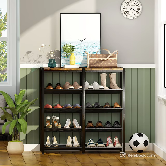 Modern Multilayer Shoe Cabinet With Colorful Shoes Vase And Potted Plant Decor 3d model 