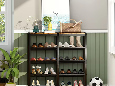Modern Multilayer Shoe Cabinet With Colorful Shoes Vase And Potted Plant Decor 3d model