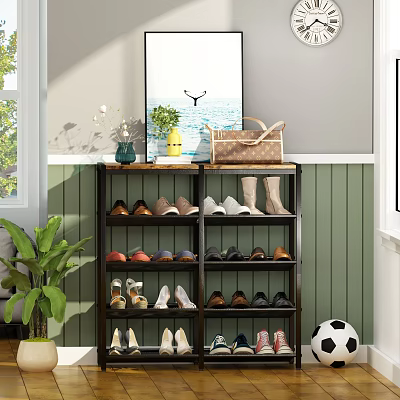 Modern Multilayer Shoe Cabinet With Colorful Shoes Vase And Potted Plant Decor 3d model