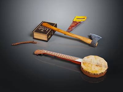 Vintage Banjo Axe Bible And Wooden Stick Equipment Collection 3d model