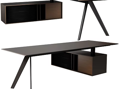 Modern Desk Design With Black Tabletop Wooden Drawers And Metal Legs 3d model