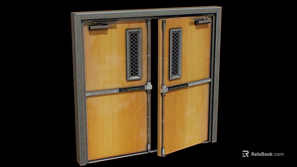 Wooden Double Doors Interior With Metal Frame Grid Panels And Door Locks 3d model 